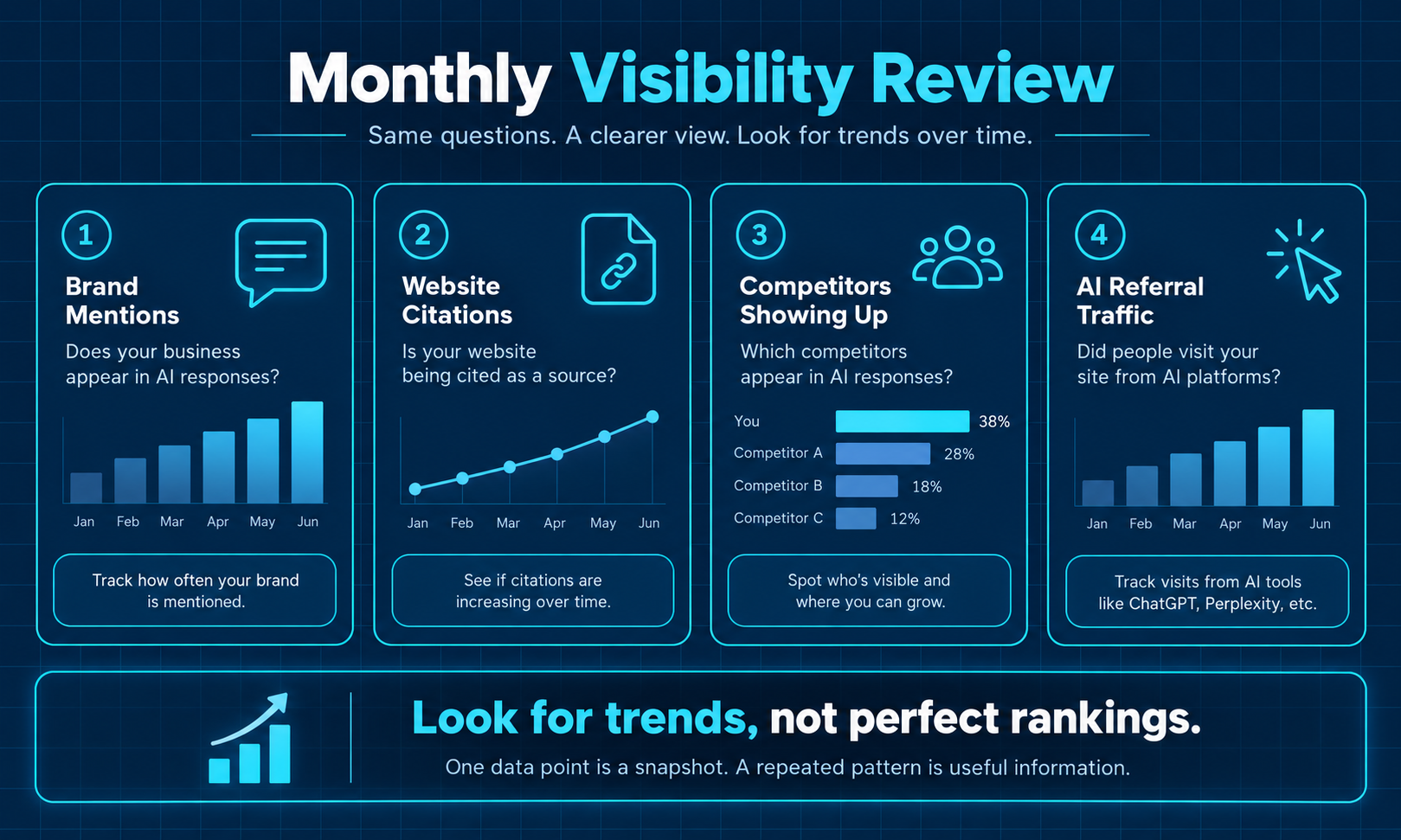 Monthly AI visibility check tracking business mentions, website citations, competitors and referral visits